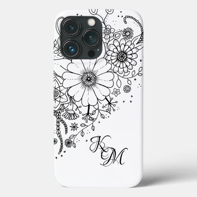 Coques Case-Mate iPhone Fleurs de Doodle Noir et Blanc Couleur dans l'imag (Verso)
