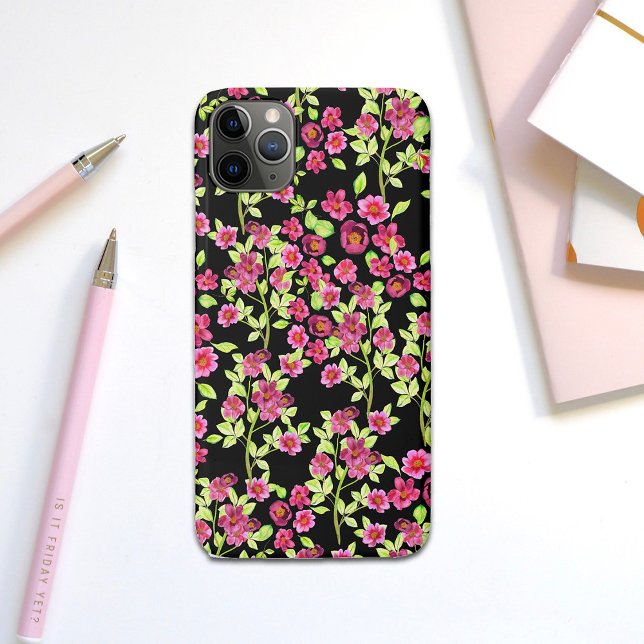 Coques Case-Mate iPhone Fleurs de Jardin rose sur Arrière - plan noir (Créateur téléchargé)
