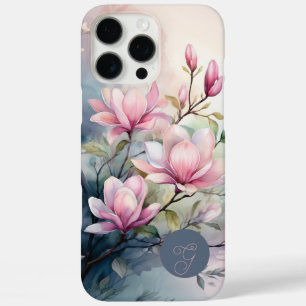 Coque iPhone 16 Pro Max Fleurs de magnolia rose botanique monogrammé