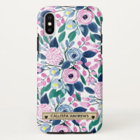 Fleurs de marine rose douce Aquarelle or Monogramm