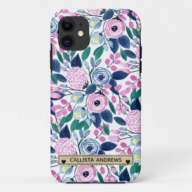 Coques Case-Mate iPhone Fleurs de marine rose douce Aquarelle or Monogramm (Dos)