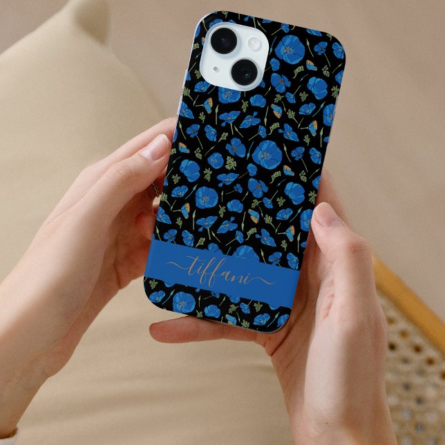 Coques Case-Mate iPhone Fleurs de pavot bleues motif botanique noir (Créateur téléchargé)