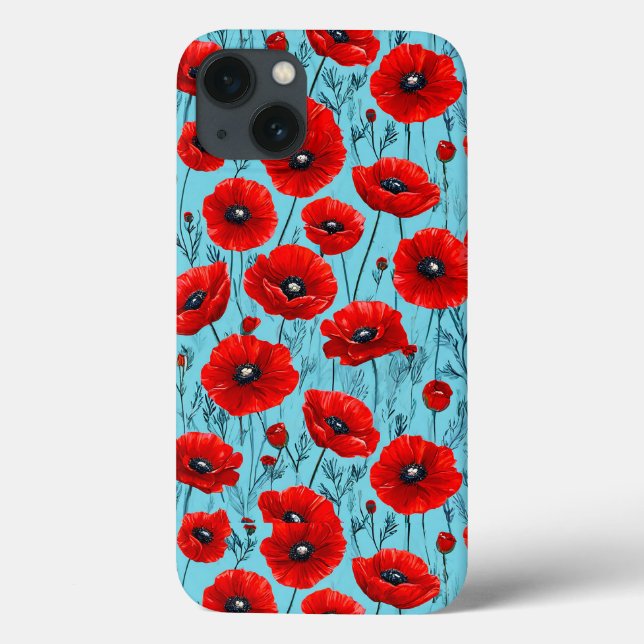 Coques Case-Mate iPhone Fleurs de pavot rouge sur un arrière - plan bleu (Verso)