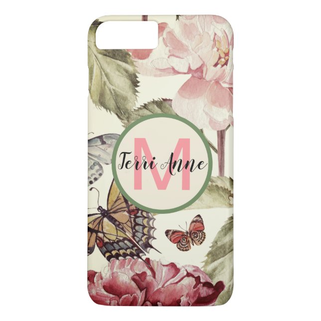 Coques Case-Mate iPhone Fleurs de pivoine et papillons gras avec monogramm (Dos)