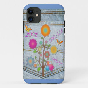Coque Case-Mate iPhone Fleurs de poche arrière en denim Paix Amour Espoir