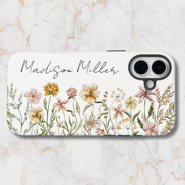 Coques Case-Mate iPhone Fleurs de prairie sauvage à aquarelle monogrammée (In situ)