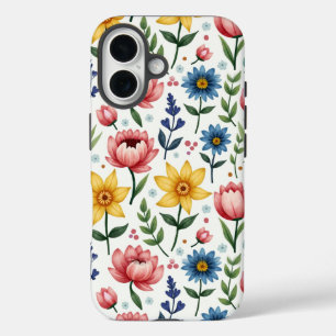 Coque Pour iPhone 16 Fleurs de printemps bleu rose et jaune