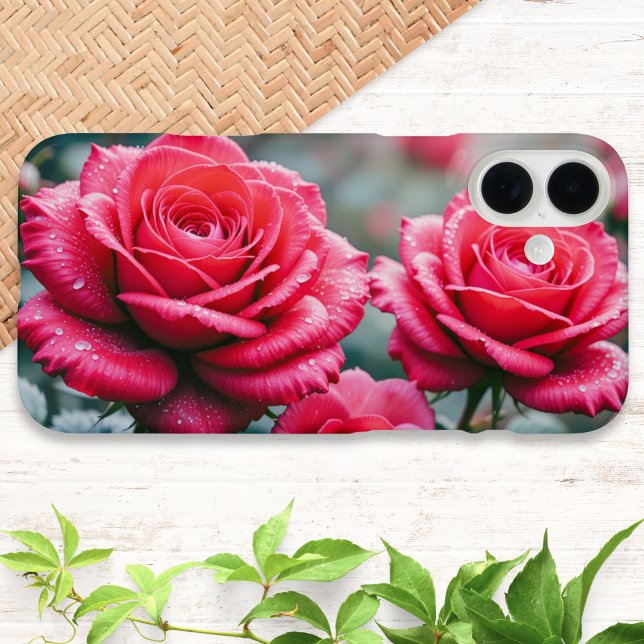 Coques Case-Mate iPhone Fleurs de rose rouge Élégant floral (An elegant phone case with a design of red roses with rain drops)
