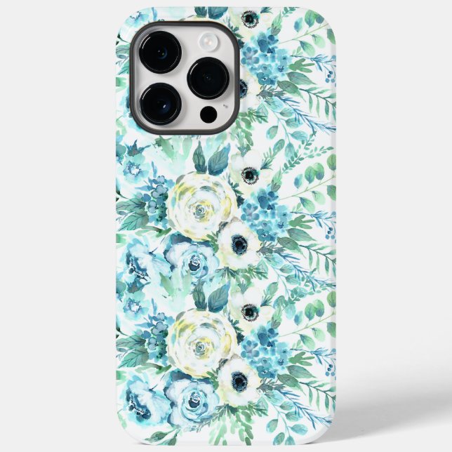 Coques Case-Mate iPhone Fleurs de roses aquarelles florales bleues blanche (Verso)