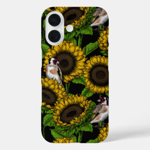 Coque Pour iPhone 16 Fleurs de soleil et ailerons sur noir