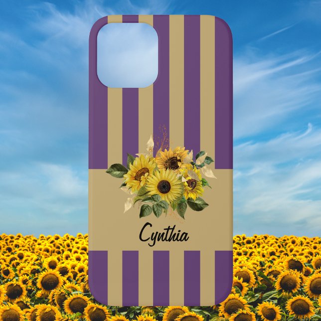 Coques Case-Mate iPhone Fleurs de soleil jaunes et rayures violettes et do (Créateur téléchargé)