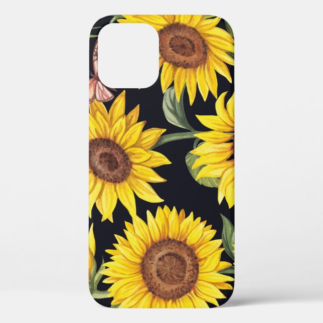 Coques Case-Mate iPhone Fleurs de soleil, papillons, aquarelle noir (Verso)