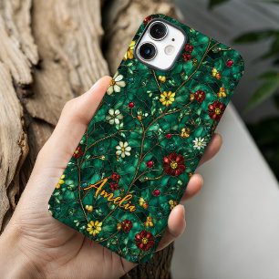 Coque Pour iPhone 16 Fleurs de verre teinté rouge turquoise artistiques