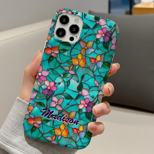 Coque Pour iPhone 16 Fleurs de verre teinté turquoise violet lumineux