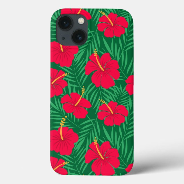 Coques Case-Mate iPhone Fleurs d'Hibiscus Rouge sur Feuilles Tropicales Ve (Verso)