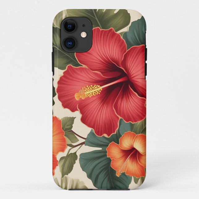 Coques Case-Mate iPhone Fleurs d'Hibiscus Tropiques Rétro (Dos)