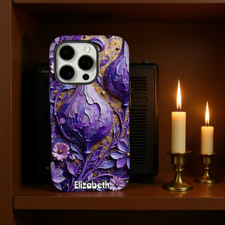 Coque iPhone 16 Pro Fleurs d'Imaginaire pourpres avec texture or