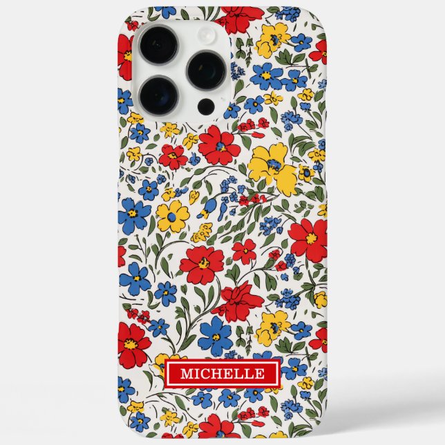 Coques Case-Mate iPhone Fleurs Ditsy Bleu Rouge et Jaune Monogrammées (Verso)