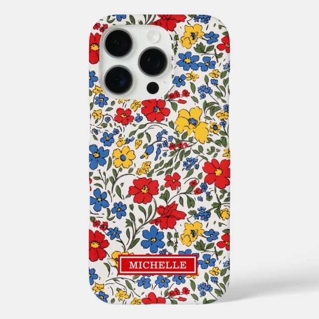Coques Case-Mate iPhone Fleurs Ditsy Bleu Rouge et Jaune Monogrammées (Verso)