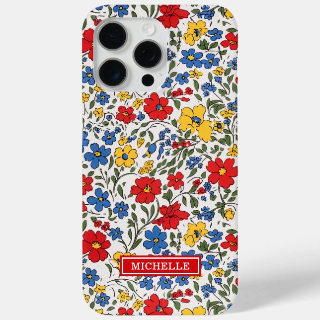 Coques Case-Mate iPhone Fleurs Ditsy Bleu Rouge et Jaune Monogrammées (Verso)