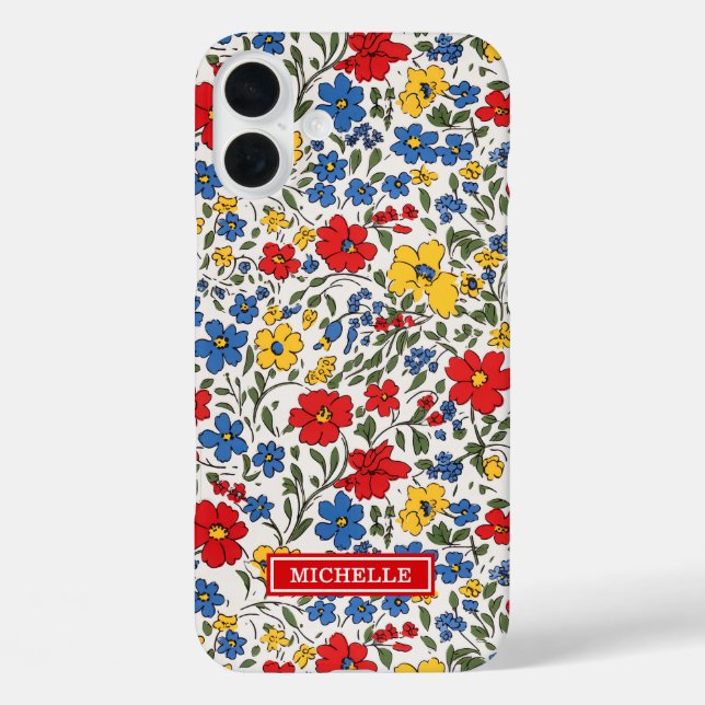 Coques Case-Mate iPhone Fleurs Ditsy Bleu Rouge et Jaune Monogrammées (Verso)