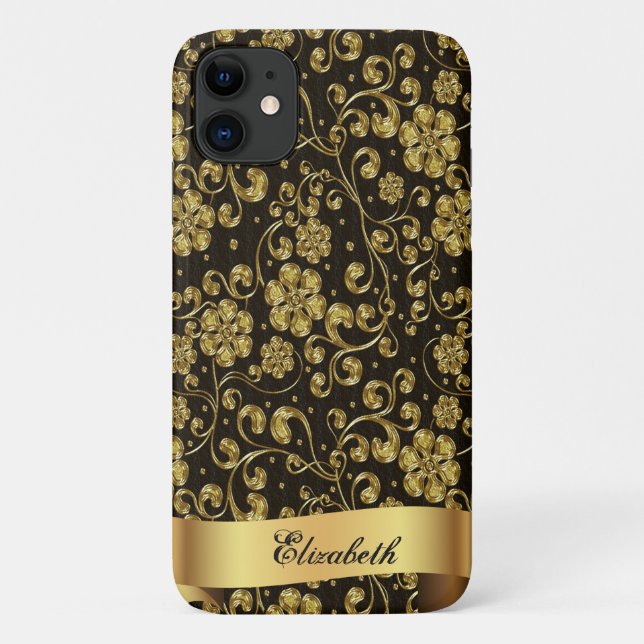 Coques Case-Mate iPhone Fleurs D'Or Élégantes, Noir -Personnalisé (Dos)