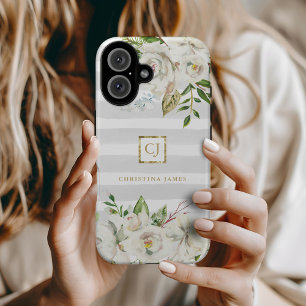 Coque Pour iPhone 16 Fleurs Dorées Monogramme Floral Rayures Grises