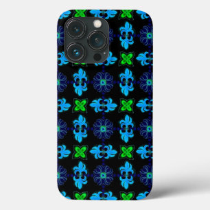 Etui iPhone 13 Pro Fleurs en Artdeco style rétro vert bleu jaune