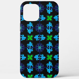 Coque iPhone 12 Pro Max Fleurs en Artdeco style rétro vert bleu jaune