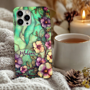 Coque Pour iPhone 16 Fleurs en verre coloré turquoise
