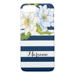 Coque Case-Mate iPhone Fleurs et bleu, rayures blanches modernes florales