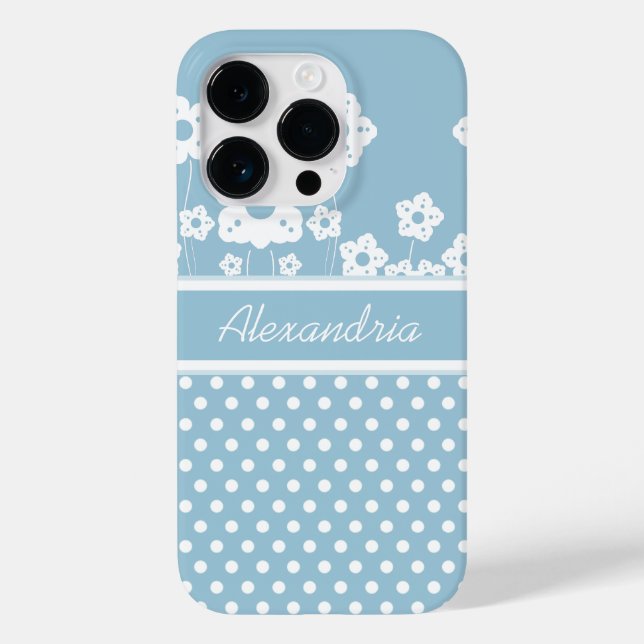 Coques Case-Mate iPhone Fleurs et Pois blancs sur bleu clair (Verso)