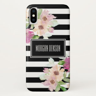 Coque iPhone X Fleurs et rayures d'aquarelle
