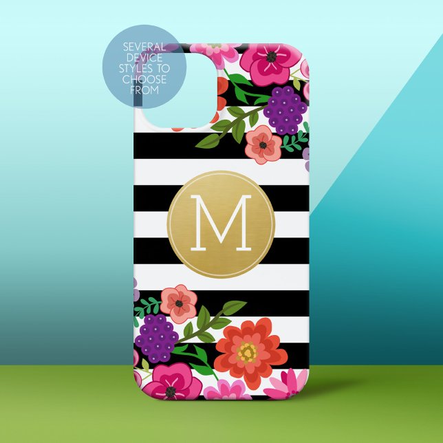 Coques Case-Mate iPhone Fleurs filles, bandes, Monogramme or noir blanc (Personalized Phone Case)