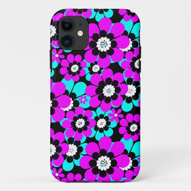 Coques Case-Mate iPhone Fleurs florales en néon Motif violet et turquoise (Dos)