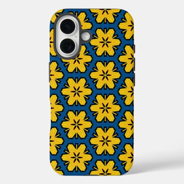 Coques Case-Mate iPhone Fleurs florales géométriques bleu jaune Répétition (Verso)