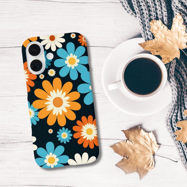 Coques Case-Mate iPhone Fleurs florales rétro Bleu Orange Blanc Super (Retro Groovy Floral Navy blue, Light Blue, Orange and White Flowers iPhone case)