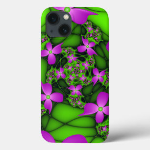 Coques Pour iPhone Fleurs fractales Abstraites de néon rose vert