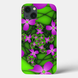 iPhone 13 Case Fleurs fractales Abstraites de néon rose vert