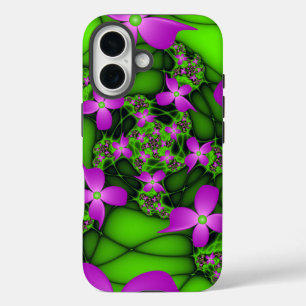 Coque Pour iPhone 16 Fleurs fractales abstraites modernes néon rose ver