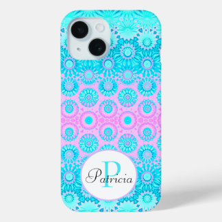Coque Case-Mate iPhone Fleurs géométriques rose et bleu Monogramme person
