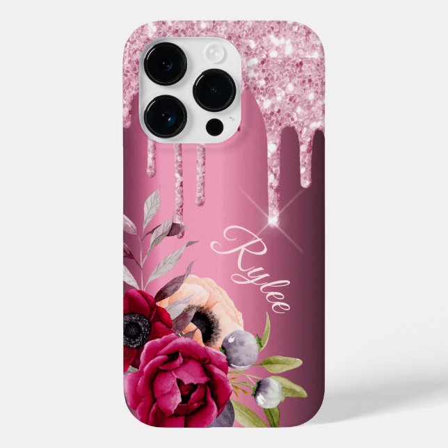 Coques Case-Mate iPhone Fleurs gouttes de parties scintillant rose nom bor (Verso)