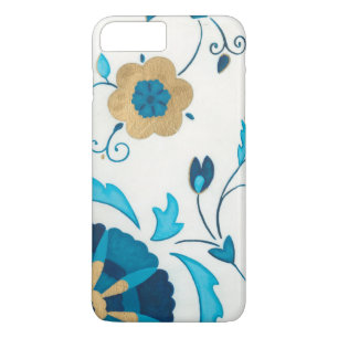 Coque iPhone 8 Plus/7 Plus Fleurs Indigo dorées avec Arrière - plan blanc