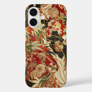Coque Pour iPhone 16 FLEURS JAPONAISES ANCIENNES Rouge Vert Noir Floral