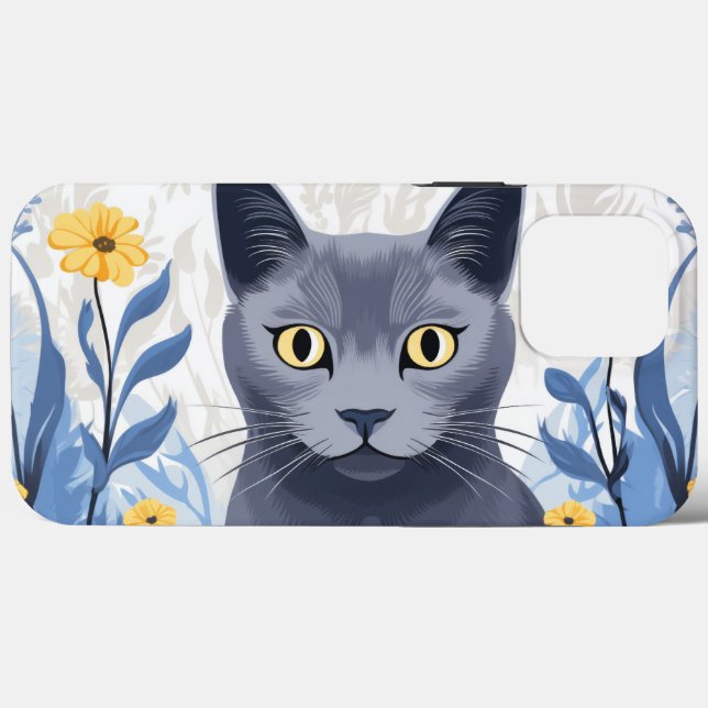 Coques Case-Mate iPhone Fleurs Jaunes Chat Bleu Russe (Verso (horizontal))