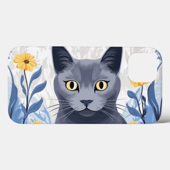 Coques Case-Mate iPhone Fleurs Jaunes Chat Bleu Russe (Verso (horizontal))