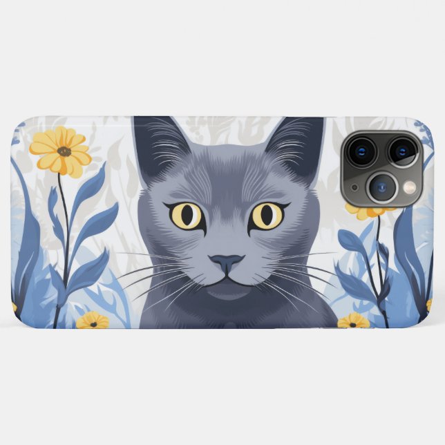 Coques Case-Mate iPhone Fleurs Jaunes Chat Bleu Russe (Dos (Horizontal))