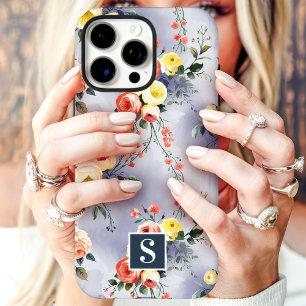 Coque iPhone 16 Pro Max Fleurs jaunes et corail à monogramme