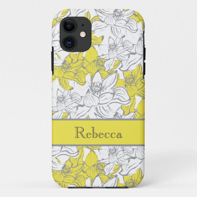 Coques Case-Mate iPhone Fleurs jaunes et grises avec monogramme  (Dos)