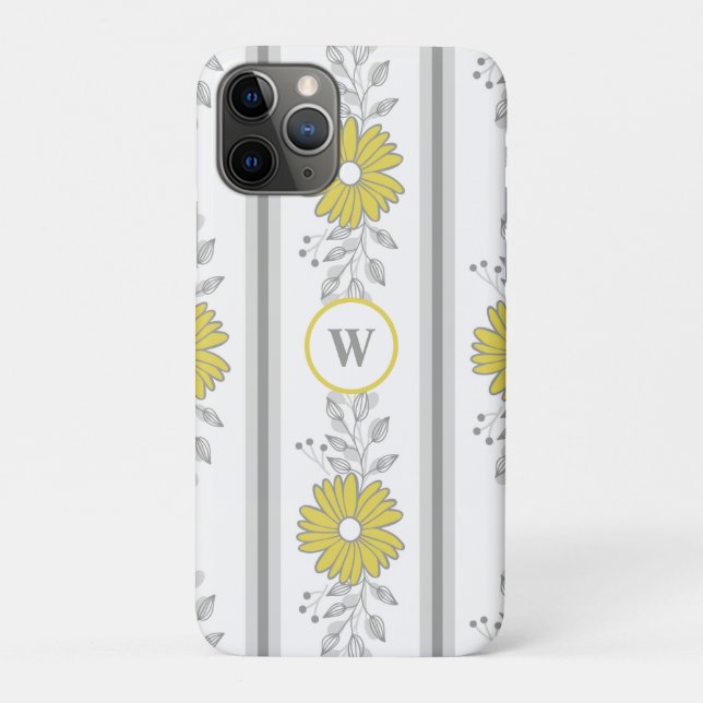 Coques Case-Mate iPhone Fleurs jaunes et grises avec monogramme  (Dos)